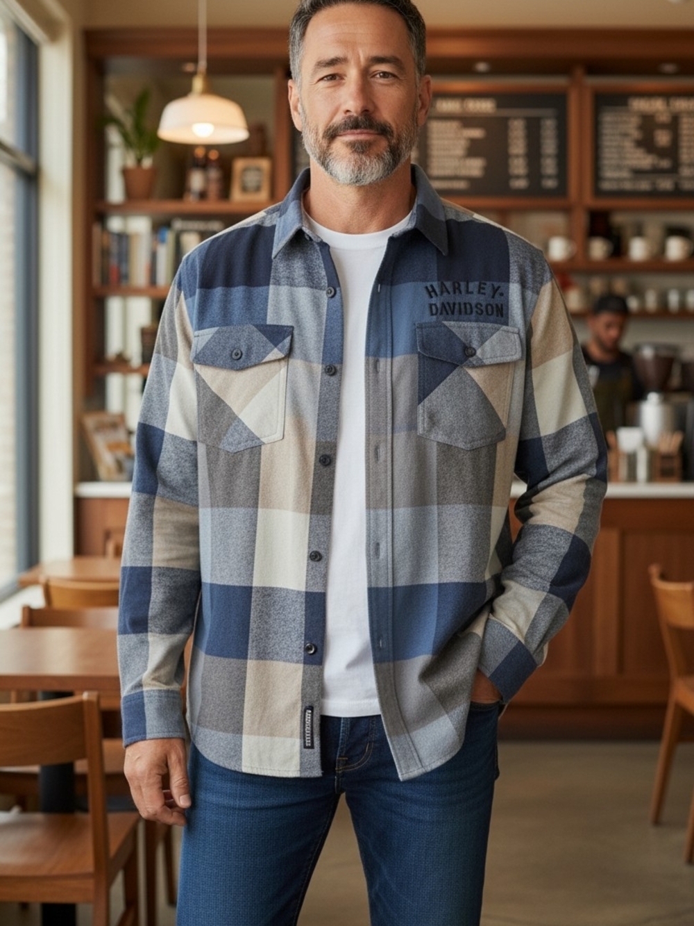 Harley-Davidson Blue & Gray Plaid Button-Up Shirt